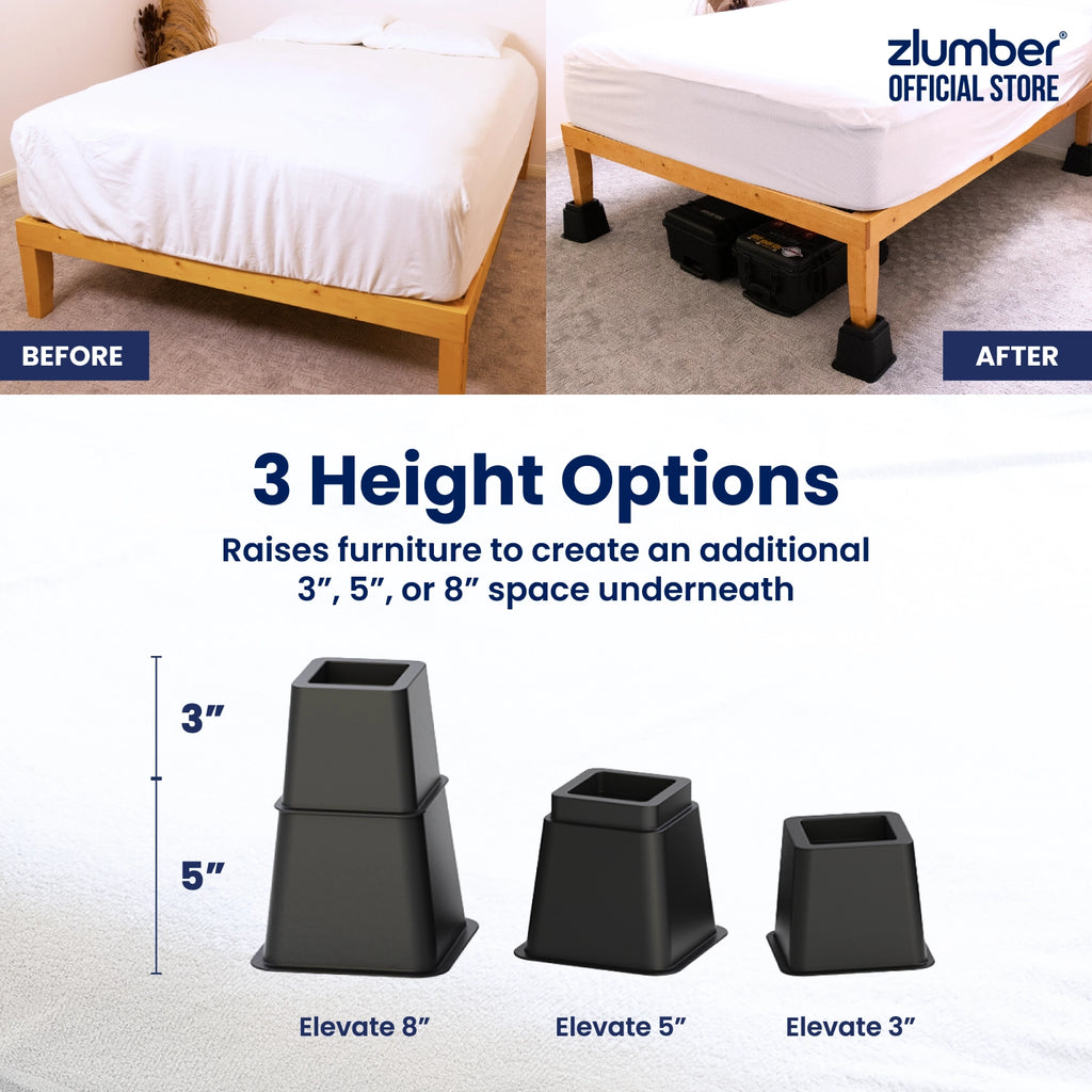 Tappered Bed Riser Zlumber Ups™ Bed Risers for Extra Height & Storage